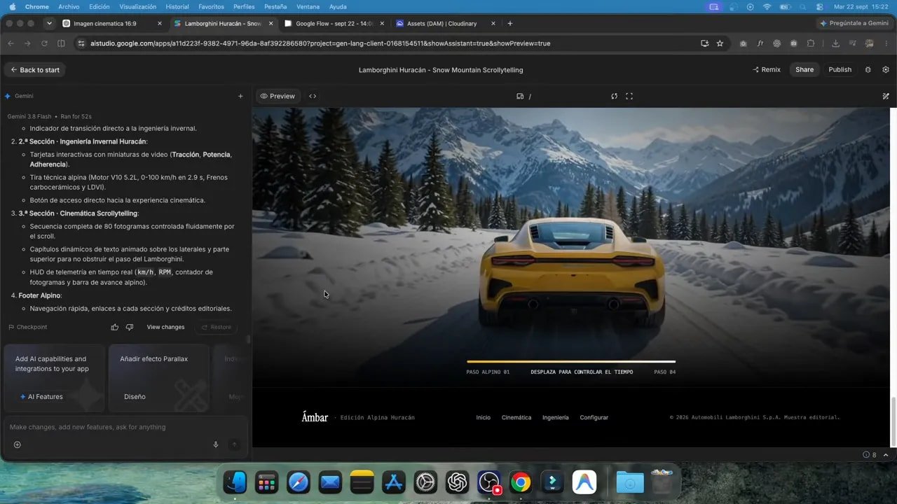 Así creo webs animadas con IA: de una imagen a una experiencia cinematográfica publicada 4 Sección de la web con el Lamborghini visto desde atrás en una carretera nevada y texto superpuesto