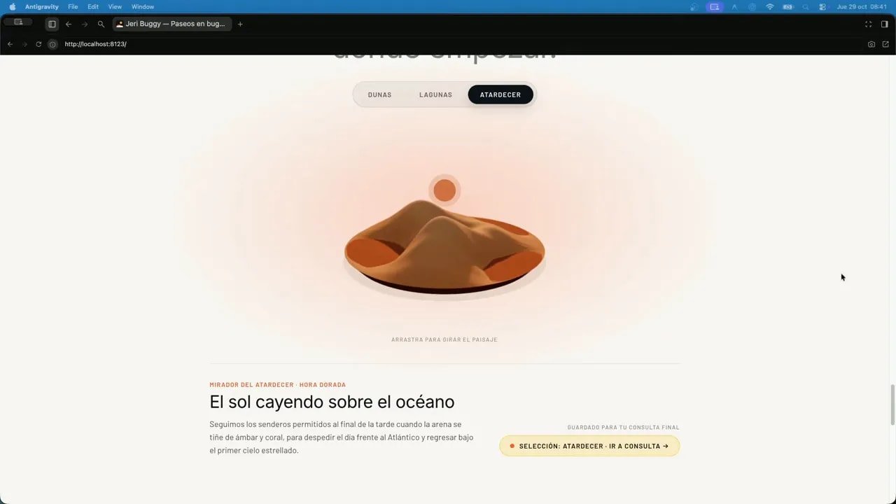 Selector de paisaje con una escena tridimensional de dunas en tonos cálidos y un sol