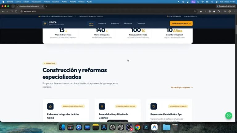 Página de servicios de la constructora con fondo blanco y cabecera azul