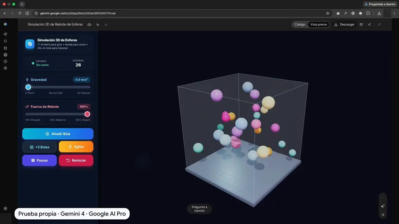 Gemini 4 Argon ya está aquí: ¿es tan bueno como parece? Mis pruebas con webs, juegos y código 3 Simulación de bolas de colores en un recipiente transparente con panel lateral de controles