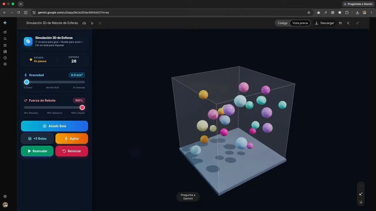 Simulación con bolas de colores dentro de un recipiente transparente y controles a la izquierda
