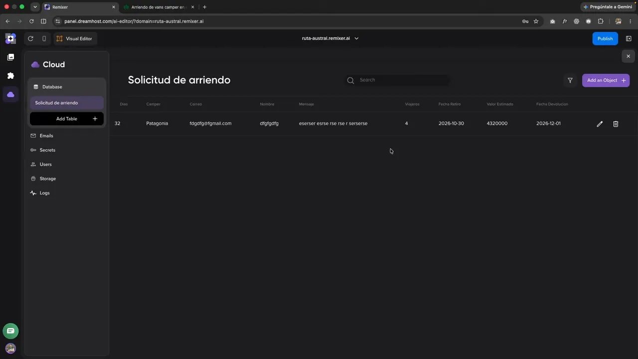 Panel de datos con la tabla Solicitud de arriendo y una fila registrada