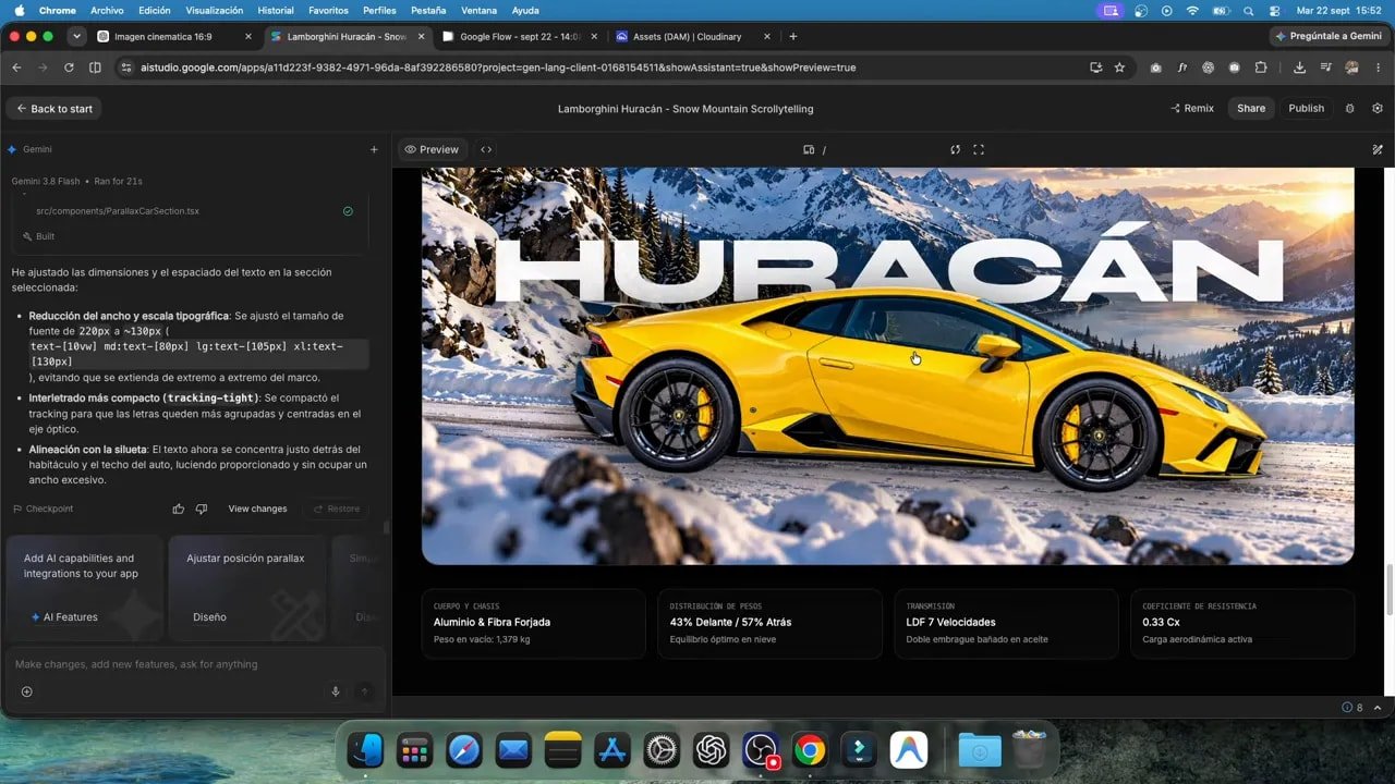 Así creo webs animadas con IA: de una imagen a una experiencia cinematográfica publicada 6 Sección de la web con un Lamborghini amarillo de perfil delante de la palabra Huracán sobre un paisaje nevado