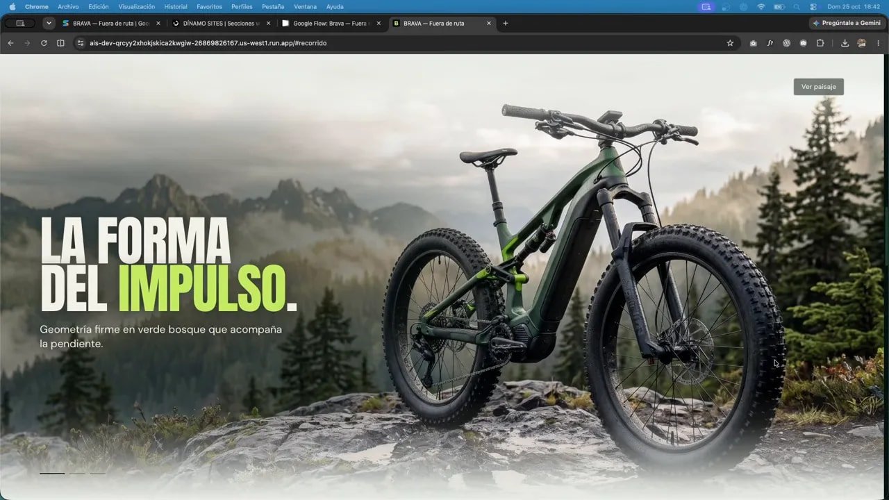 Crea webs cinemáticas nivel agencia con Gemini 4 en Google AI Studio 5 Bicicleta en un paisaje de montaña que se desvanece hacia un fondo claro