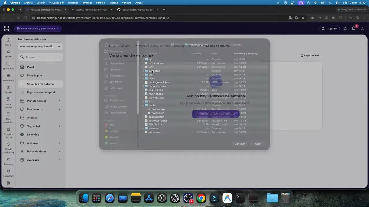 Panel de Hostinger con la sección de variables de entorno y sus entradas configuradas