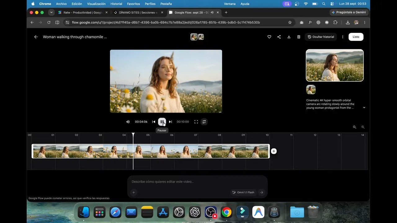 Editor de Flow con una vista previa del video y su secuencia de fotogramas