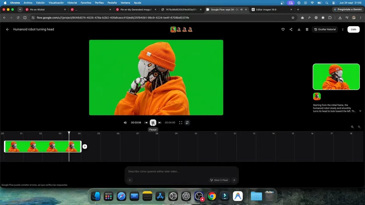 Así creo webs interactivas con IA: de una imagen de robot a una página publicada con Codex 3 Editor de video con el robot de hoodie naranja sobre un fondo verde uniforme