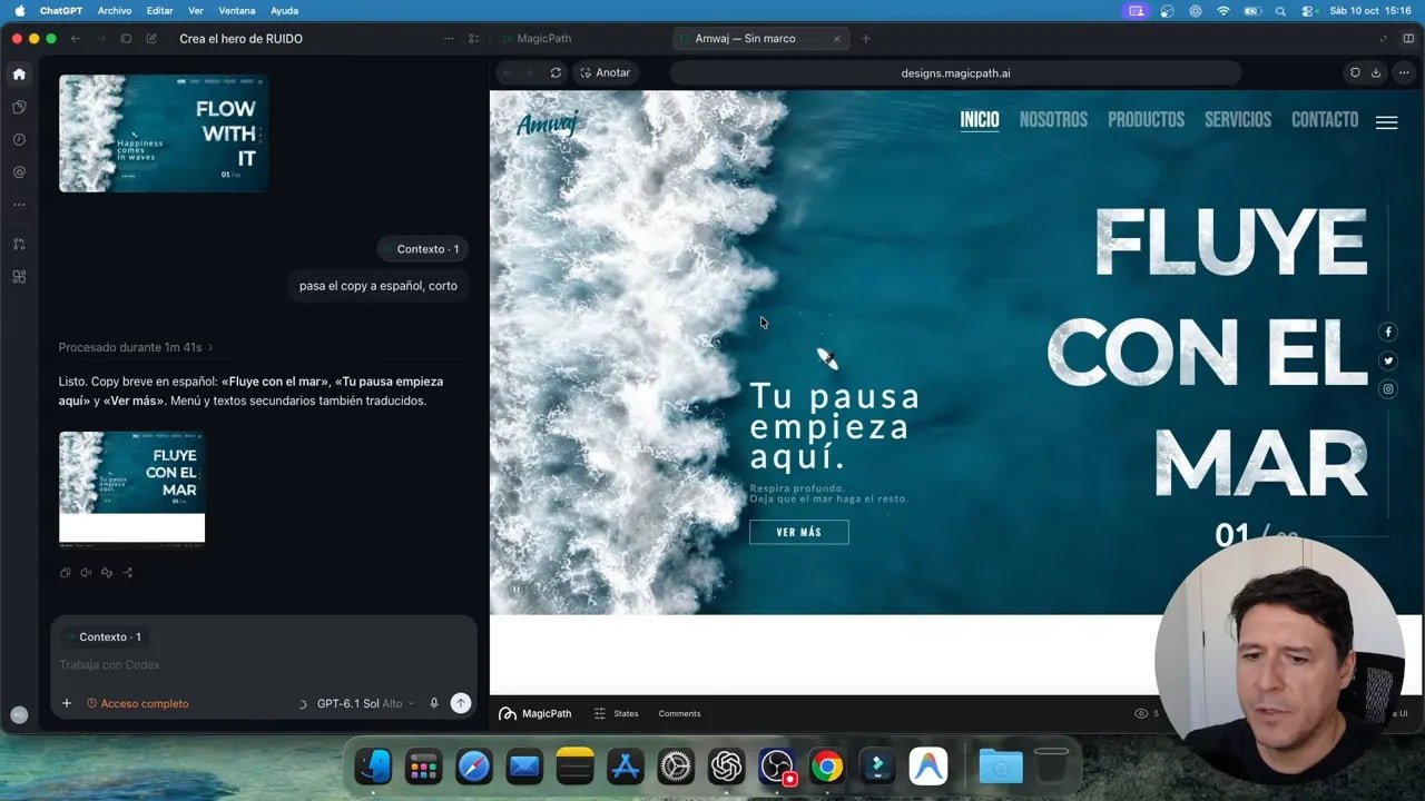 Diseña webs con Codex y MagicPath: un canvas para crear, editar y probar ideas 6 Vista previa de la sección marina con los textos FLUYE CON EL MAR y Tu pausa empieza aquí