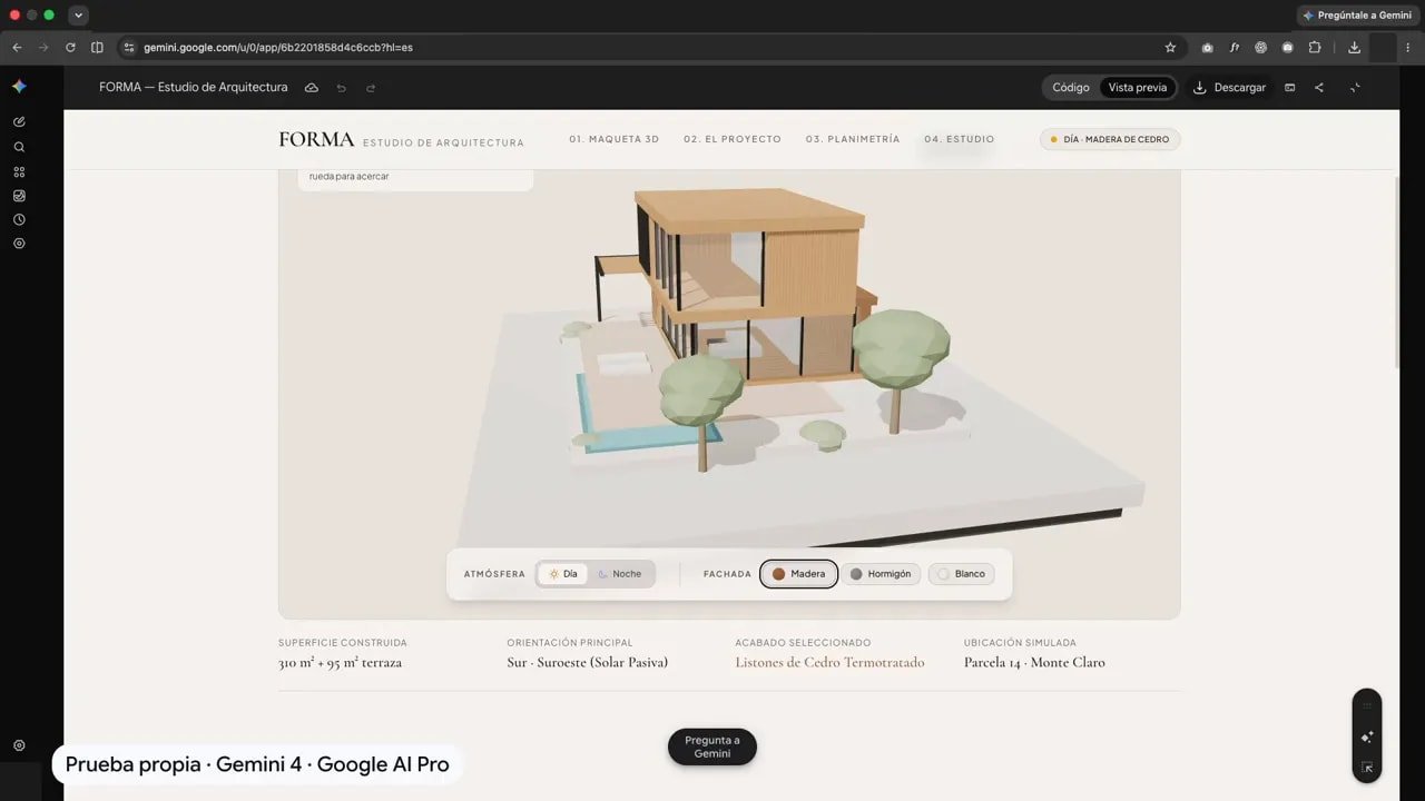 Gemini 4 Argon ya está aquí: ¿es tan bueno como parece? Mis pruebas con webs, juegos y código 5 Página del estudio Forma con título de proyecto y maqueta tridimensional de una casa con vegetación